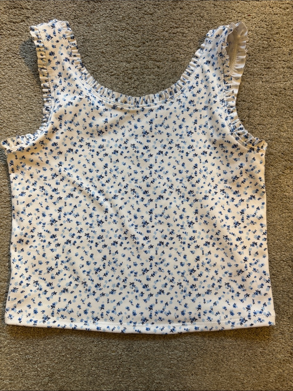 Yogalicious White Tank with Blue Micro Floral and Ruffle Straps